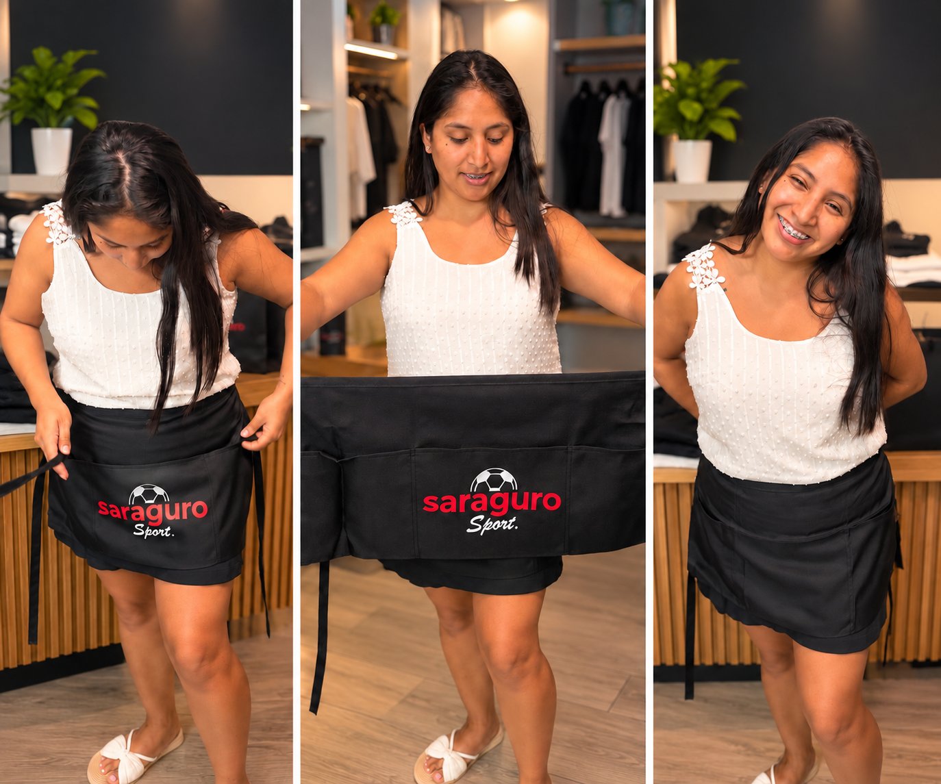 Customer showing a personalized Saraguro Sport apron